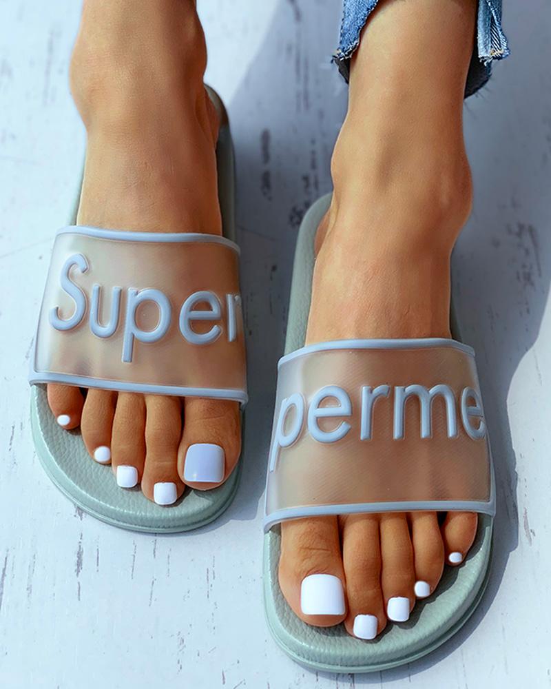 

Letter Print Transparent Flat Sandals, Gray