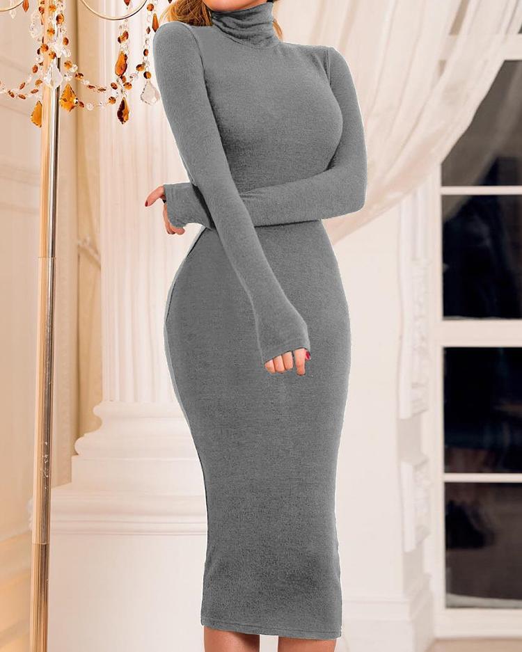 

Solid High Neck Long Sleeve Midi Dress, Gray