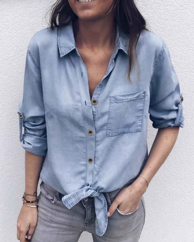 Roll-up Sleeve Button Knotted Denim Shirt