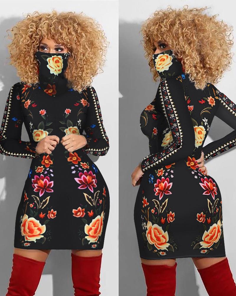 

Floral Print Long Sleeve Bodycon Dress With Face Mask, Black