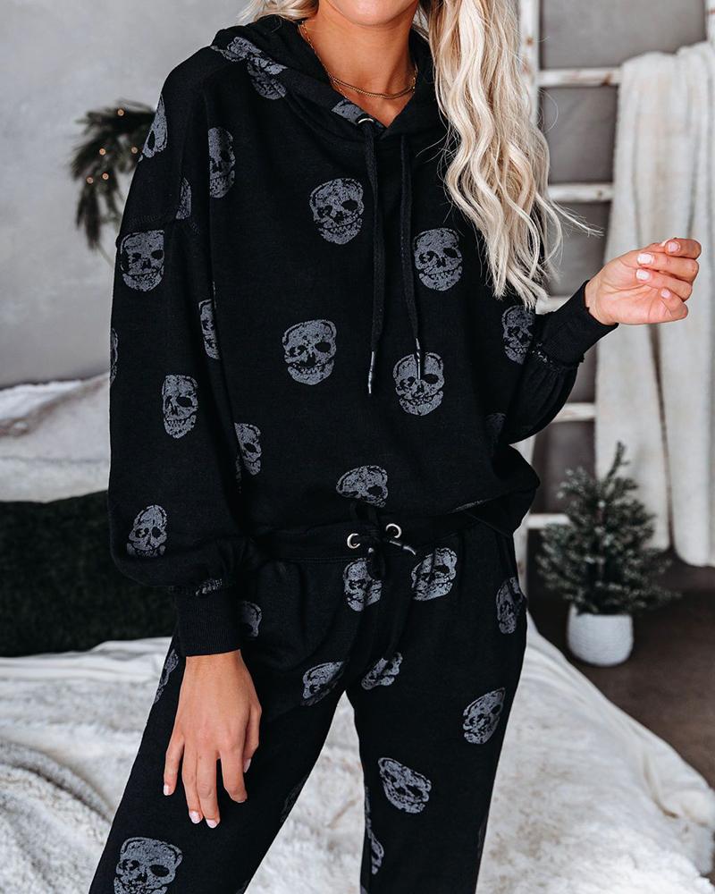 

Graphic Print Long Sleeve Hoodie & Pants Set, Black