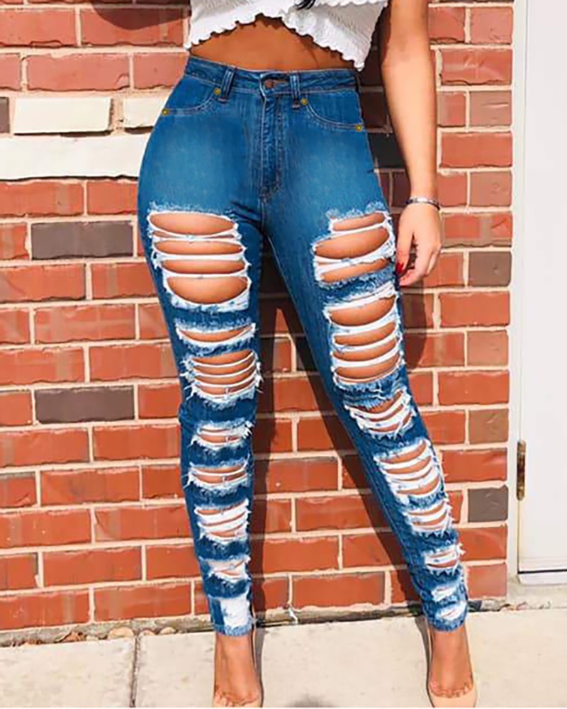 Ladder Cut Out Ripped Casual Jeans