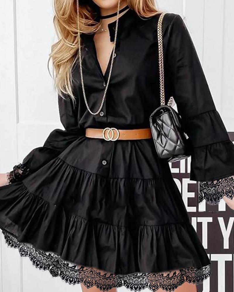 

Guipure Lace Long Sleeve Button Design Shirt Dress, Black
