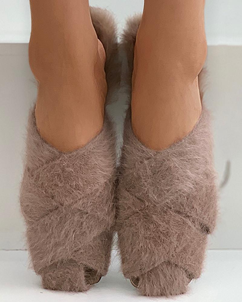 

Bandage Plain Fluffy Slippers, Khaki