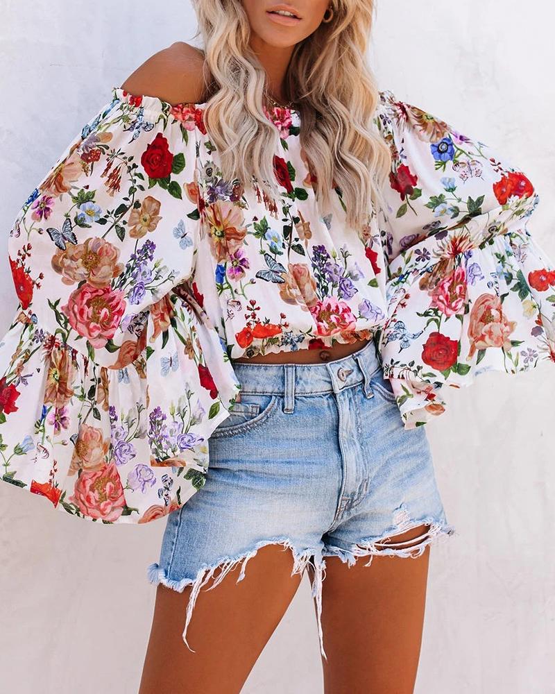 

Floral Print Off Shoulder Bell Sleeve Top, Multicolor