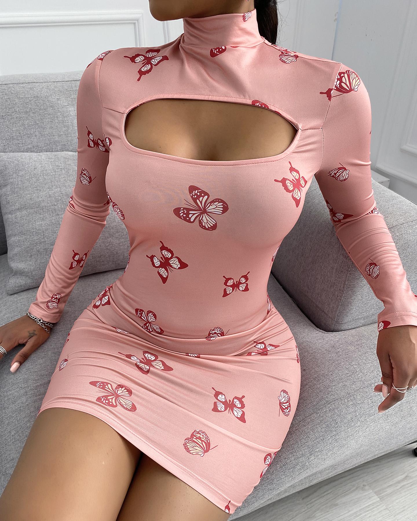 

Butterfly Print Cutout Long Sleeve Bodycon Dress, Pink