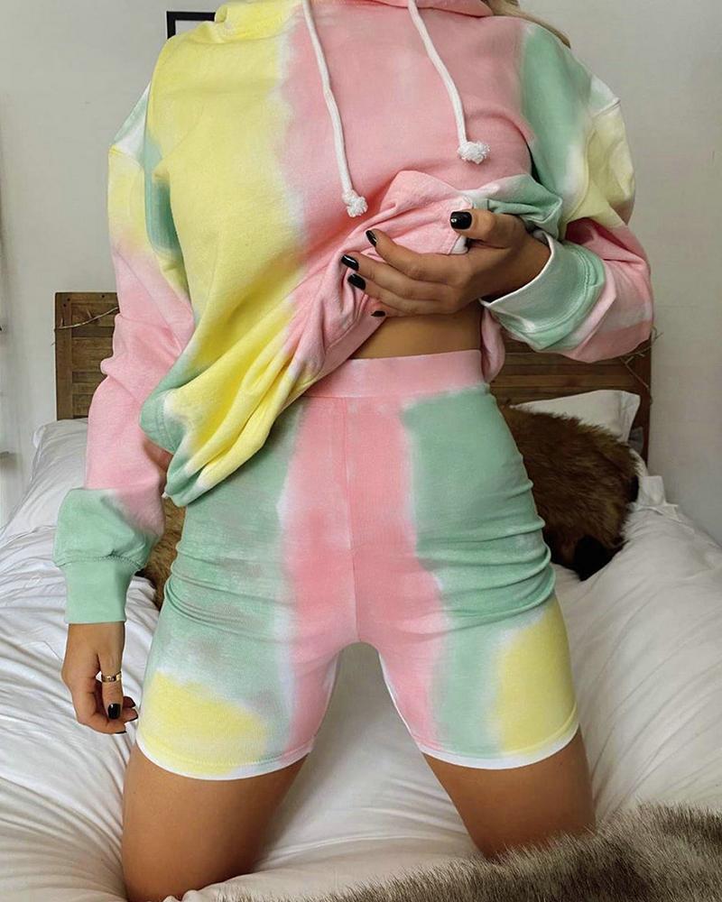 

Colorblock Long Sleeve Hooded Top & Fitted Shorts Set, Multicolor