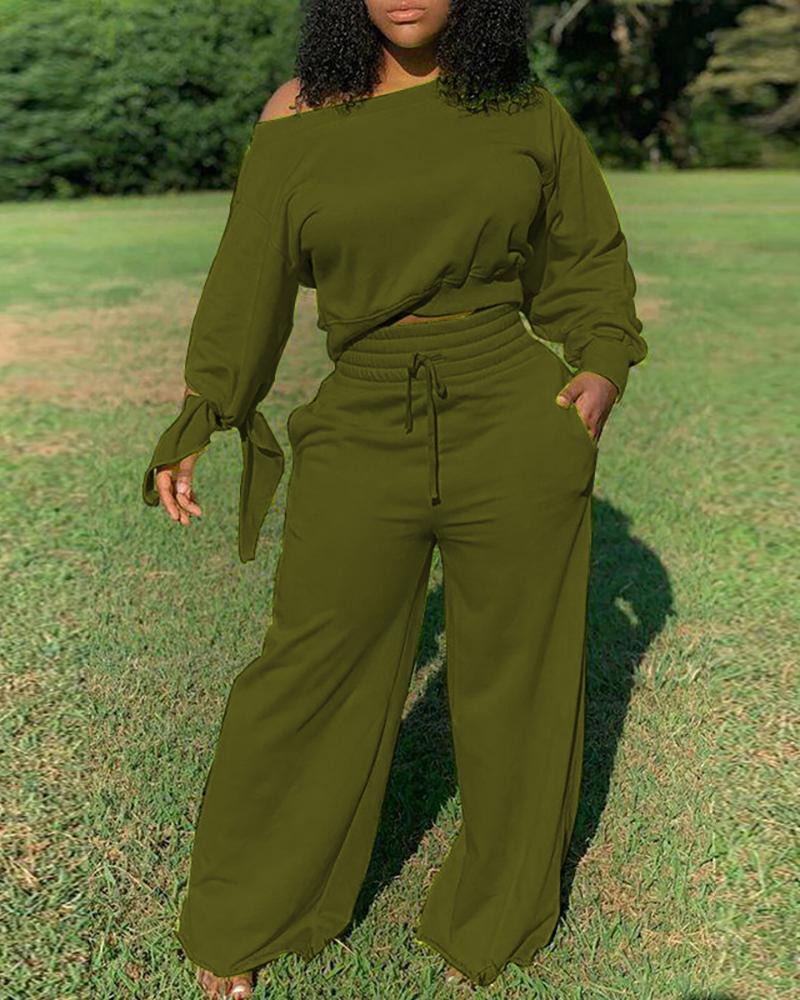 

Solid Tied Detail Top & Drawstring Pants Set, Army green