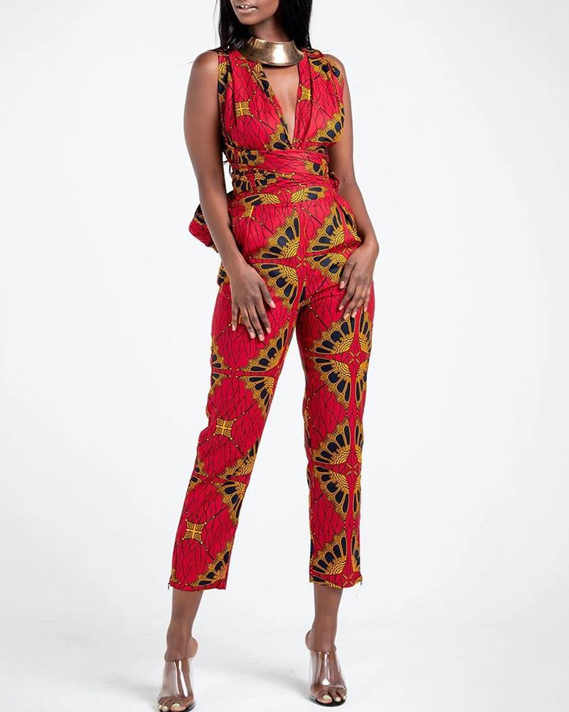 

Dashiki Print Multi Wear-way Tight Waist Jumpsuit, Red