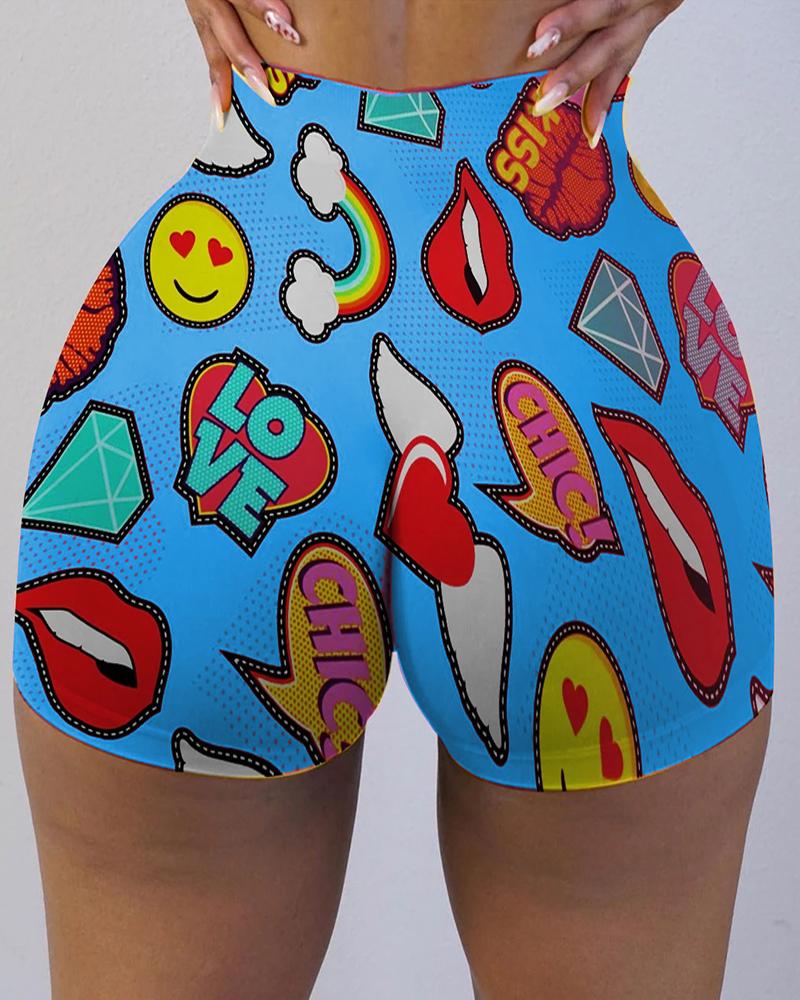 

Cartoon Print High Waist Casual Shorts, Blue
