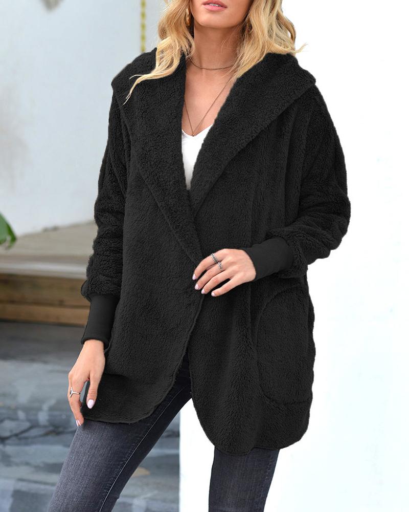

Plain Long Sleeve Fluffy Hooded Cardigan, Black