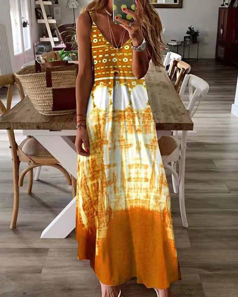 

Tie Dye Sleeveless Strap Loose Long Dress, Yellow