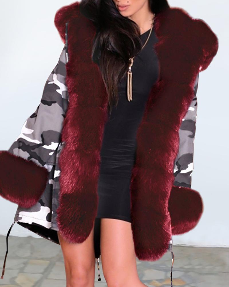 

Camouflage Print Faux Fur Casual Coat, Wine red