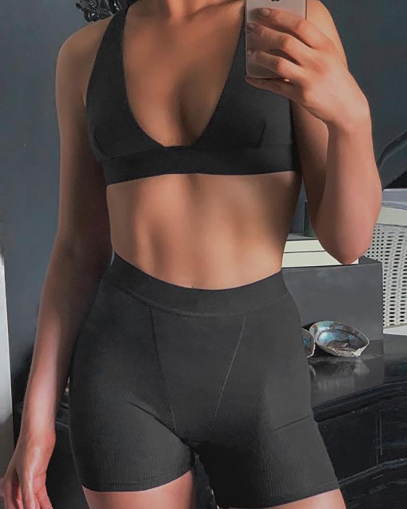 

Plain Deep V Neck Top & Shorts Set, Black