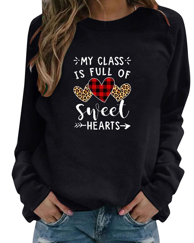 

Letter Heart Print Long Sleeve Sweatshirt, Black