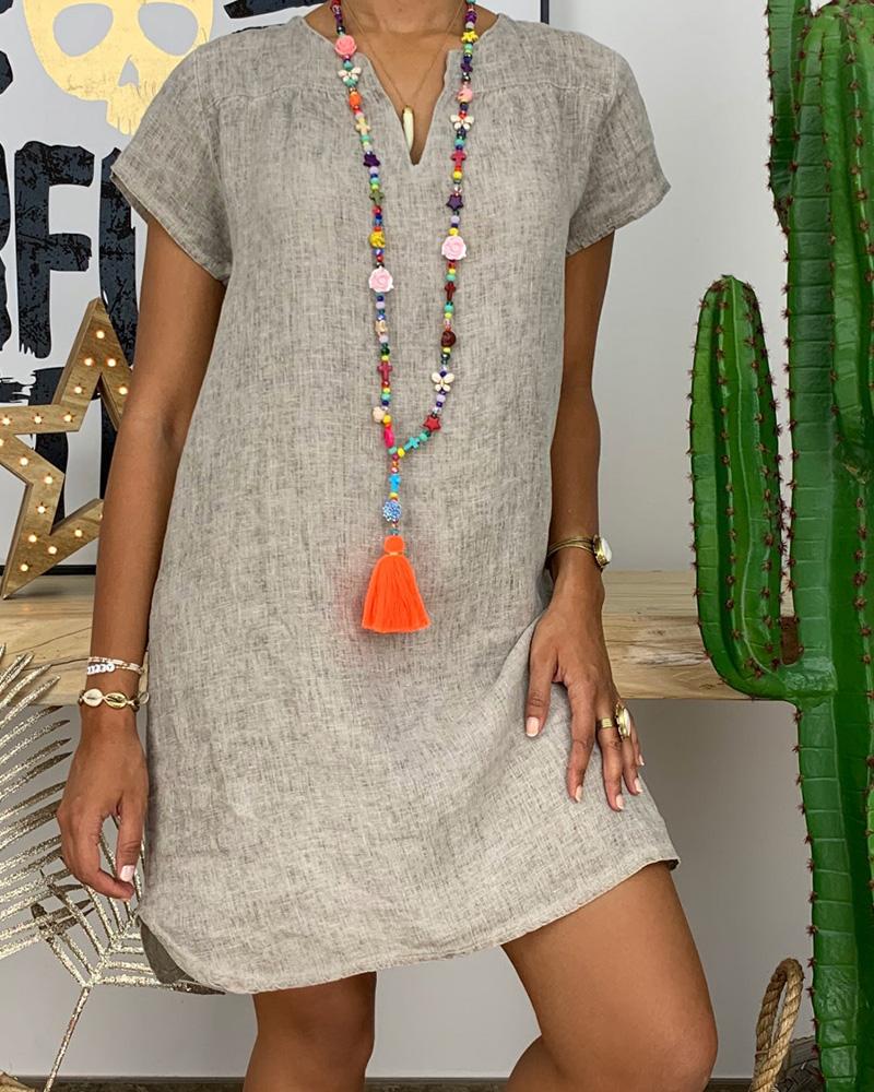 

V-Cut Short Sleeve Casual Women Dress, Gray