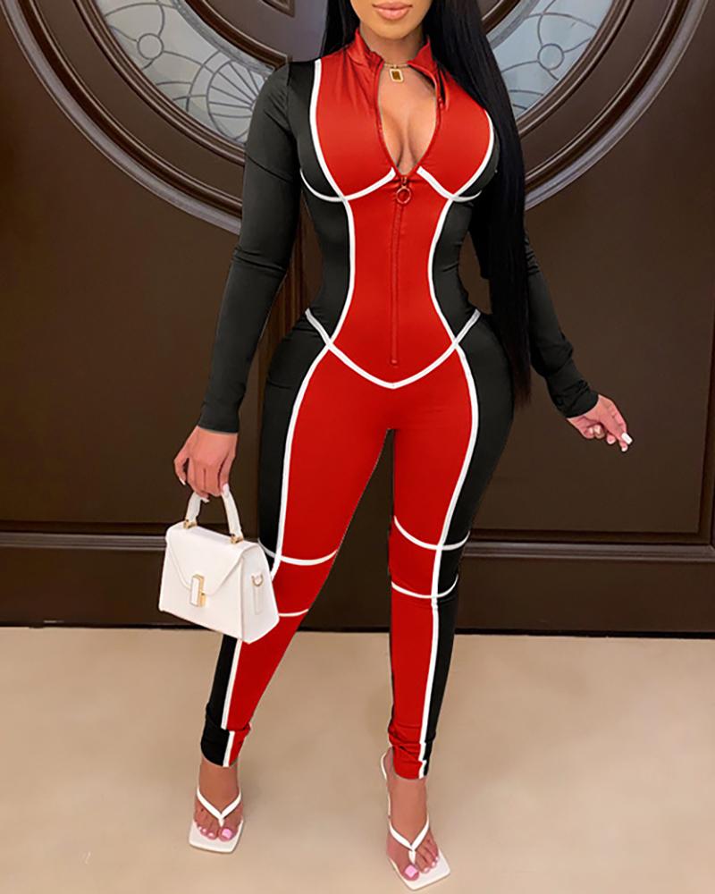 

Colorblock Zipper Design Long Sleeve Jumpsuit, Red