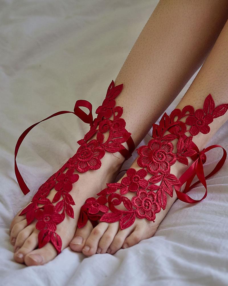 

Floral Pattern Lace Leg Lingerie Accessories, Wine red