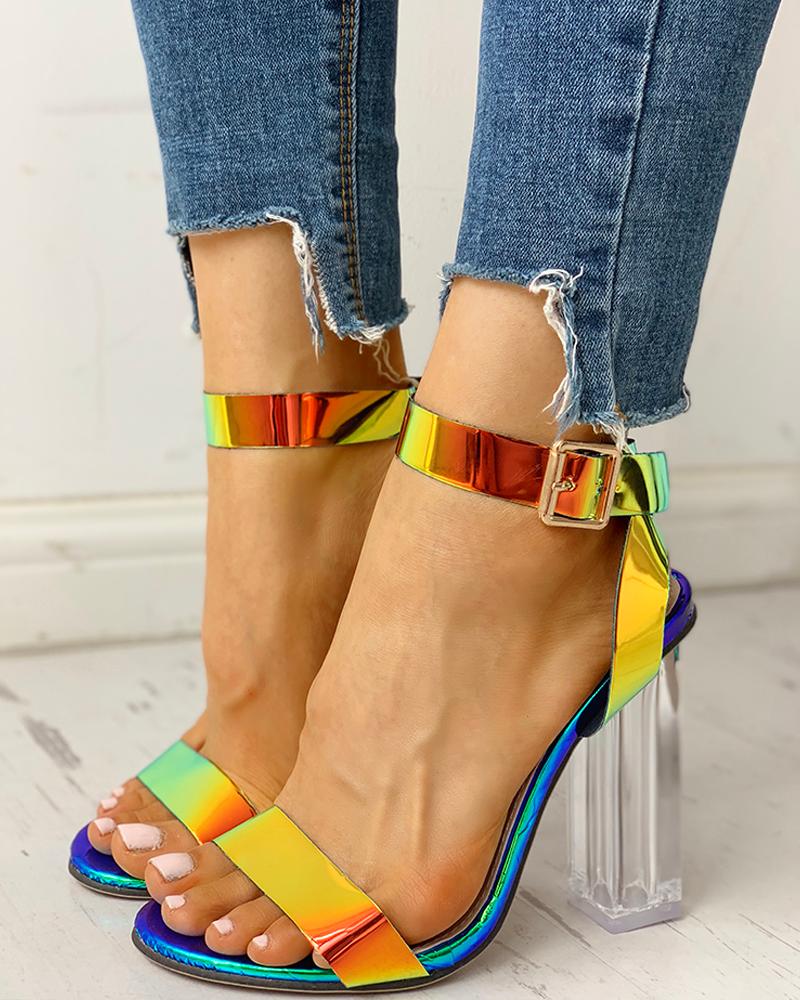 colorful geo applique chunky heeled sandals