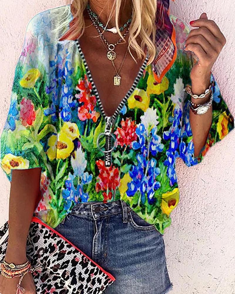 

Flower print Short Sleeve Loose T-shirts, Multicolor
