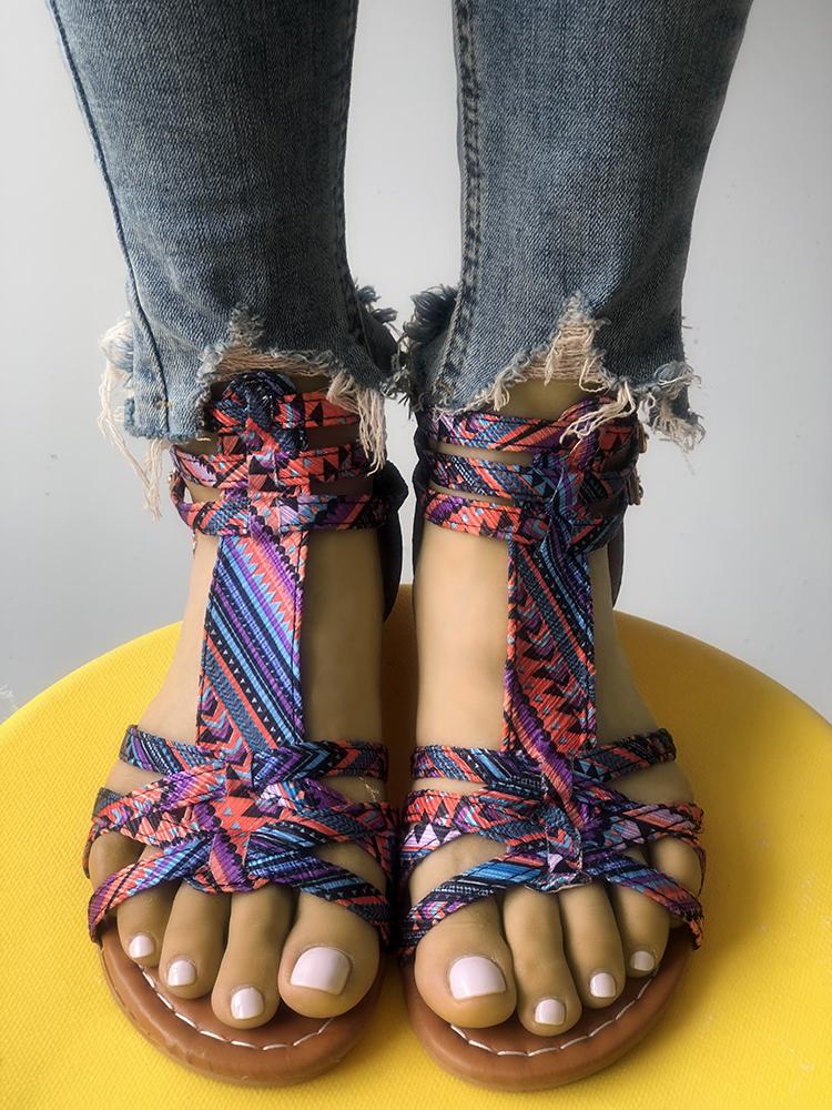 

Tribal Print Crisscross Open Toe Flat Sandals, Blue