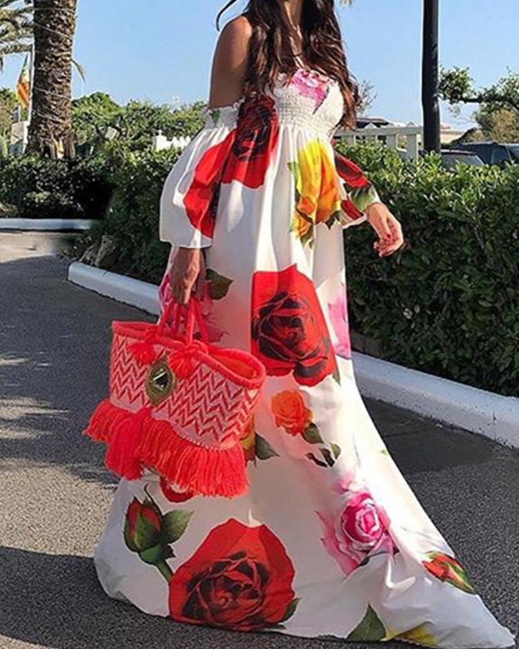 

Off Shoulder Shirring Floral Print Maxi Dress, White