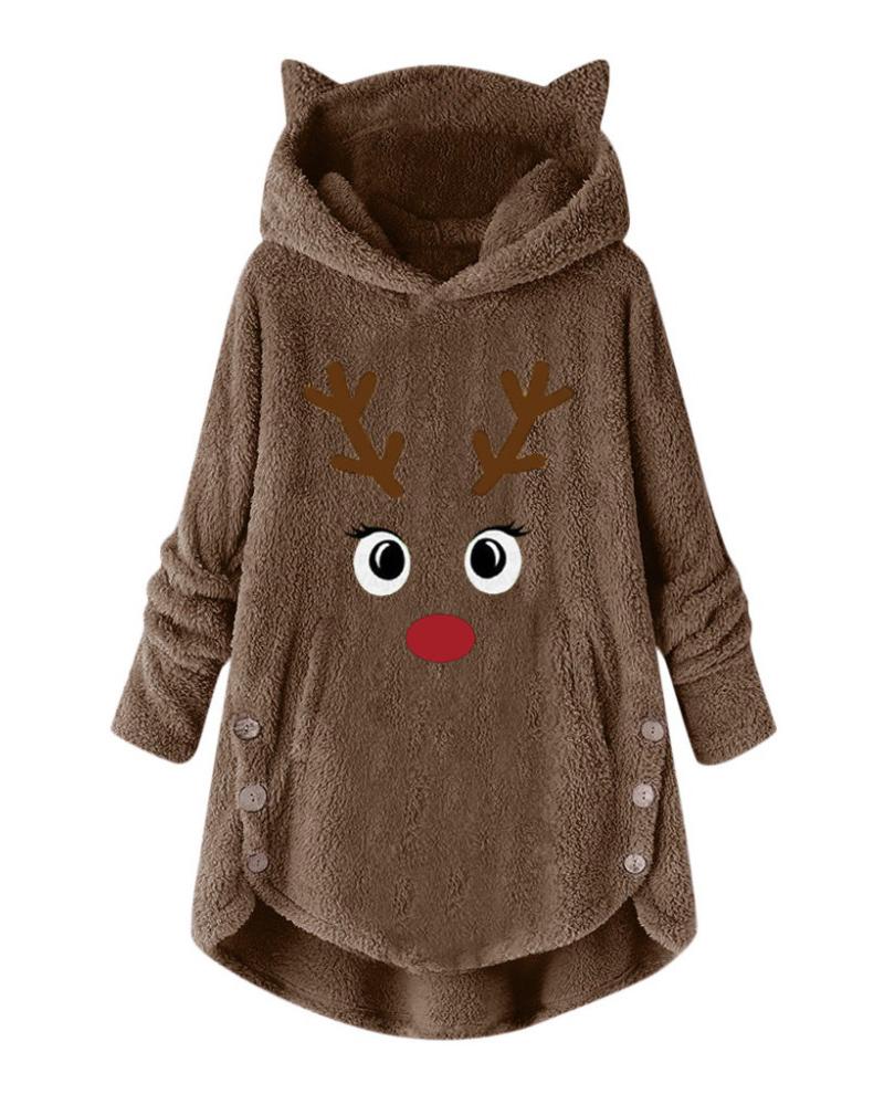 

Cartoon Print Teddy Hooded Coat, Coffee