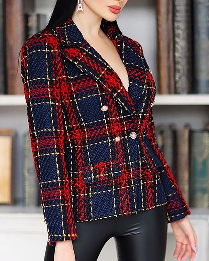 

Notched Collar Double-breasted Plaid Blazer, Red