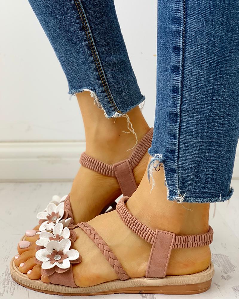 

Flower Embellished Stud Braided Detail Sandals, Pink