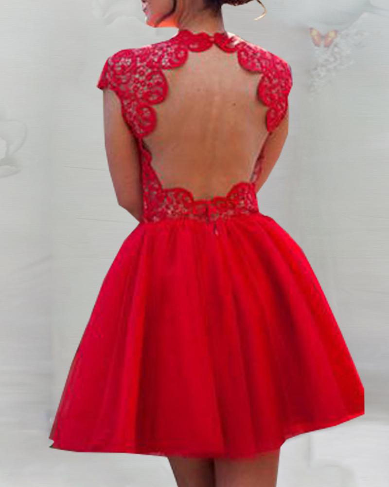 

Guipure Lace Backless Mesh Women Dress, Red