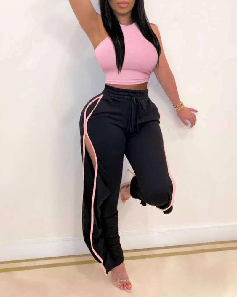 

Solid Crop Top & Slit Contrast Piping Pants Set, Pink