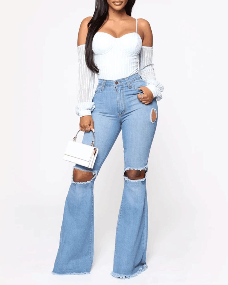 

High Waist Cut Out Bell Bottom Jeans, Blue