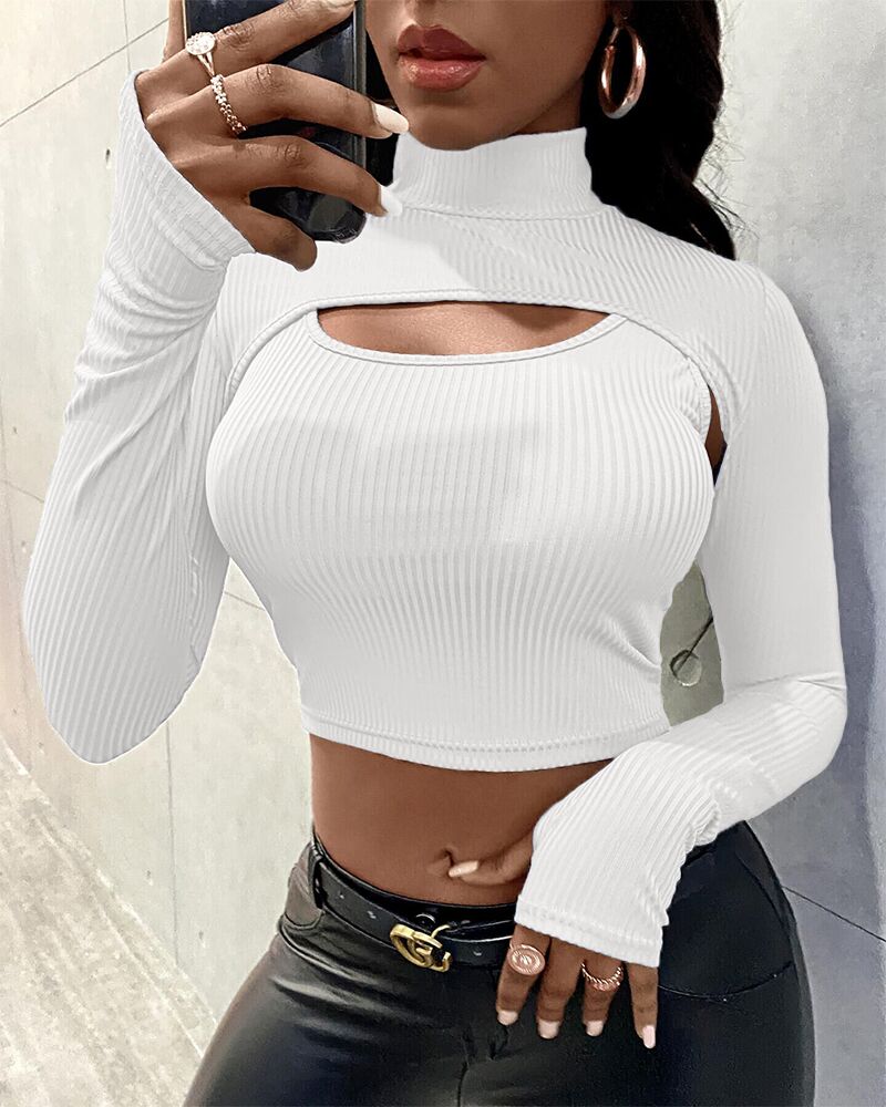 

Cutout Front Fake Two Piece Long Sleeve Crop Top, White