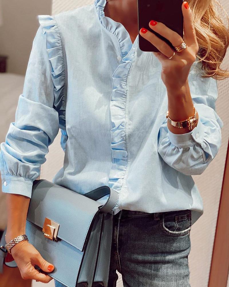 

Plain Ruffles Hem Lantern Sleeve Shirt, Blue