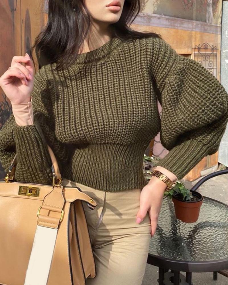 

Lantern Sleeve Knit Casual Sweater, Green