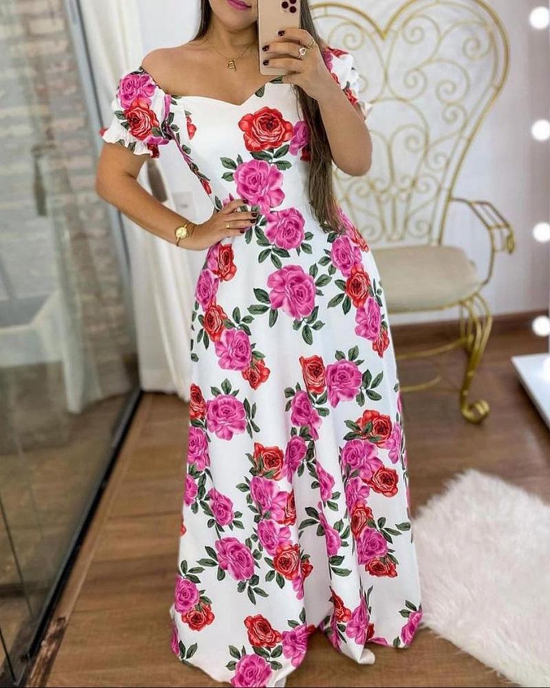 

Floral Print Puffed Sleeve Maxi Dress, Hot pink