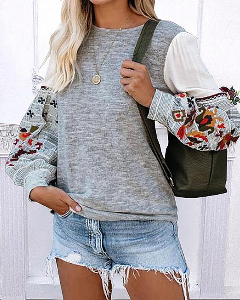 

Lantern Sleeve Birds Print Colorblock Casual Sweatshirt, Gray