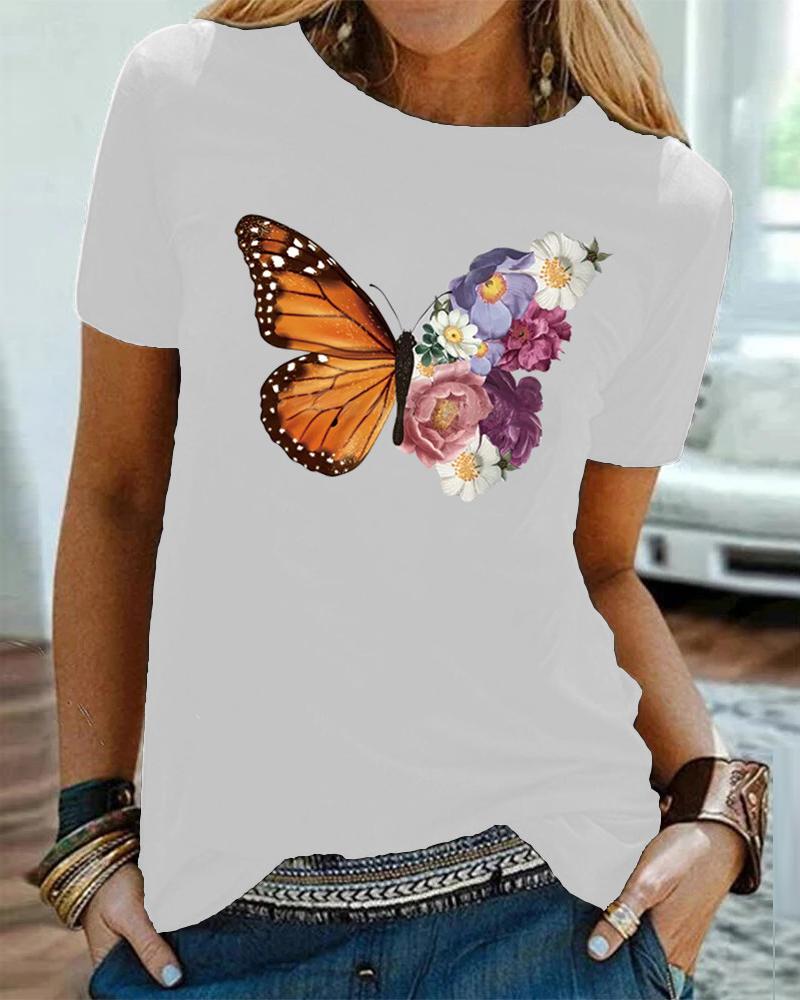 

Butterfly&Floral Print Short Sleeve T-shirts, White
