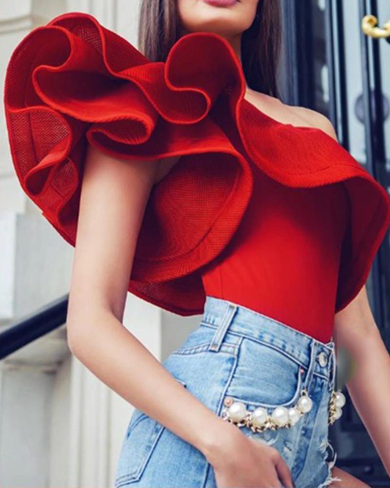 

Solid One Shoulder Skinny Ruffles Bodysuit, Red
