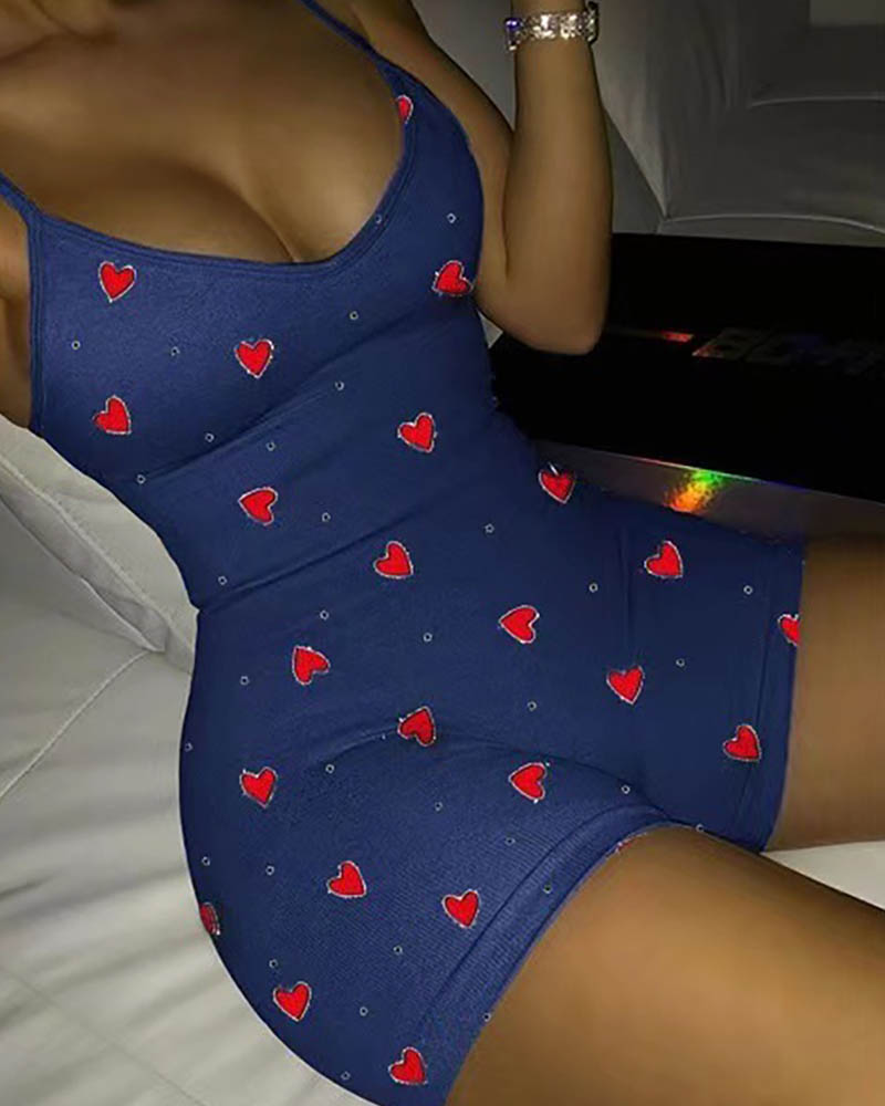 

Heart Print Spaghetti Strap Skinny Romper, Dark blue