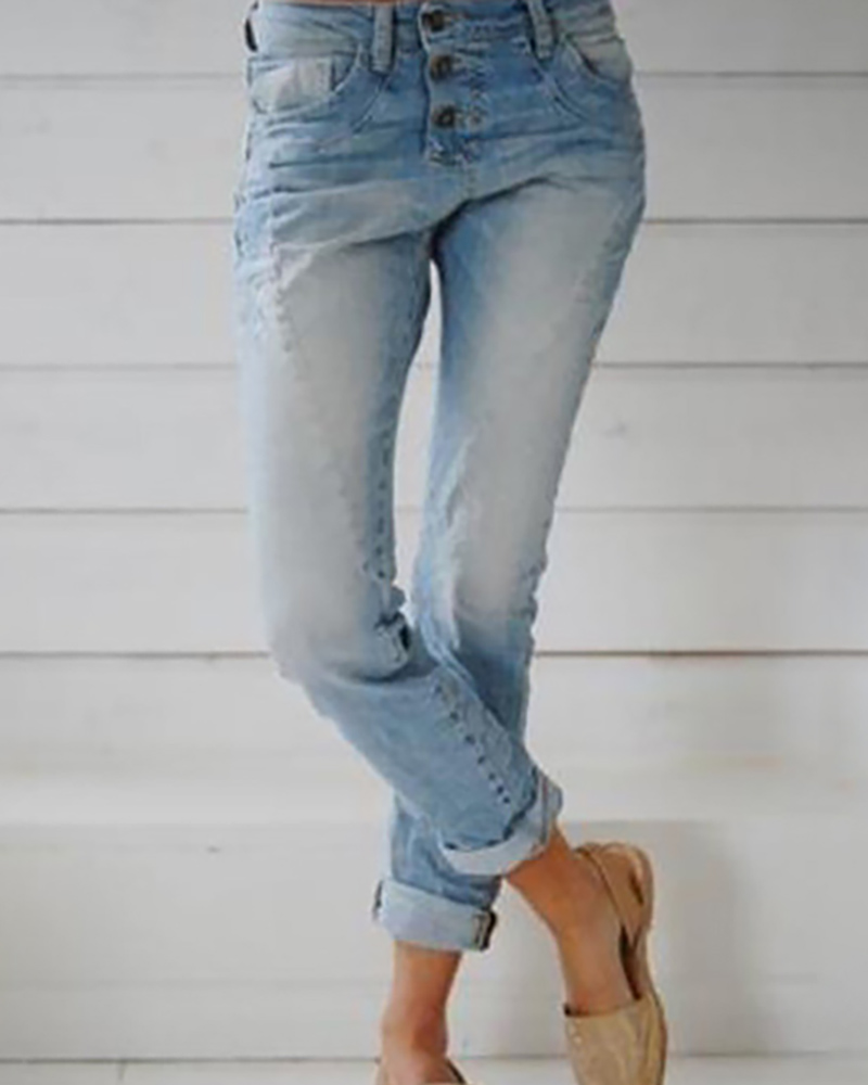 

Buttoned Pockets Casual Denim Pants, Light blue