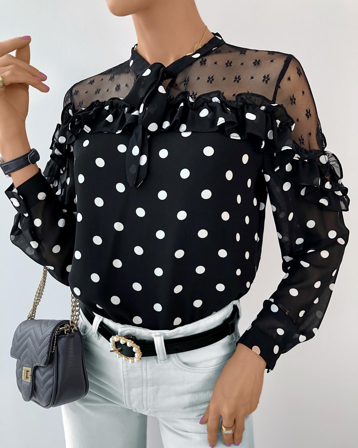 

Polka Dot Print Sheer Mesh Ruffles Hem Top, Black