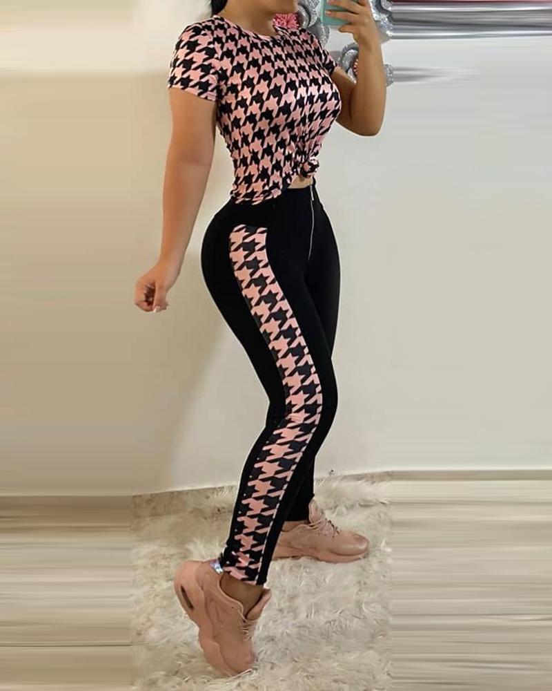 

Houndstooth Short Sleeve Top & High Waist Pants Sets, Pink