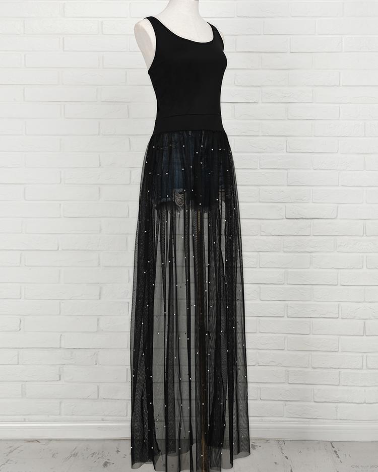 beading mesh splicing pleated maxi dress