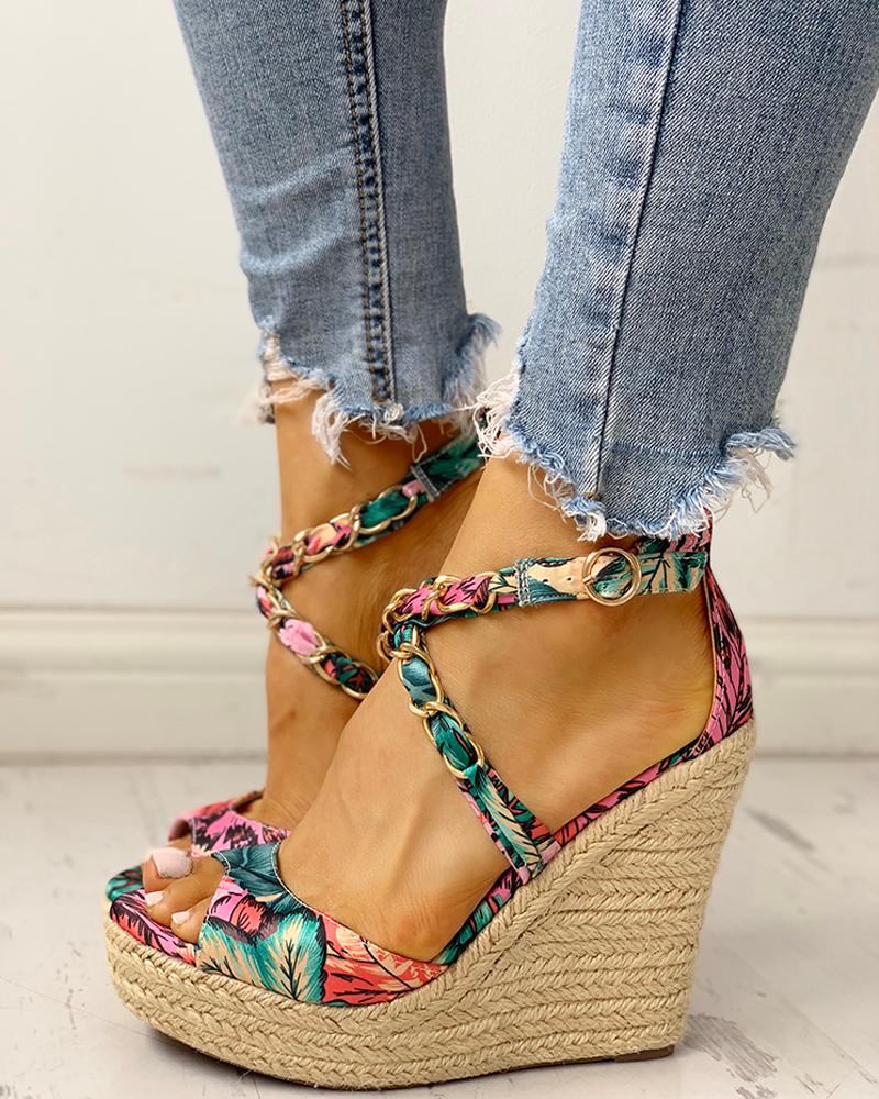 Floral Chain Detail Platform Wedge Sandals