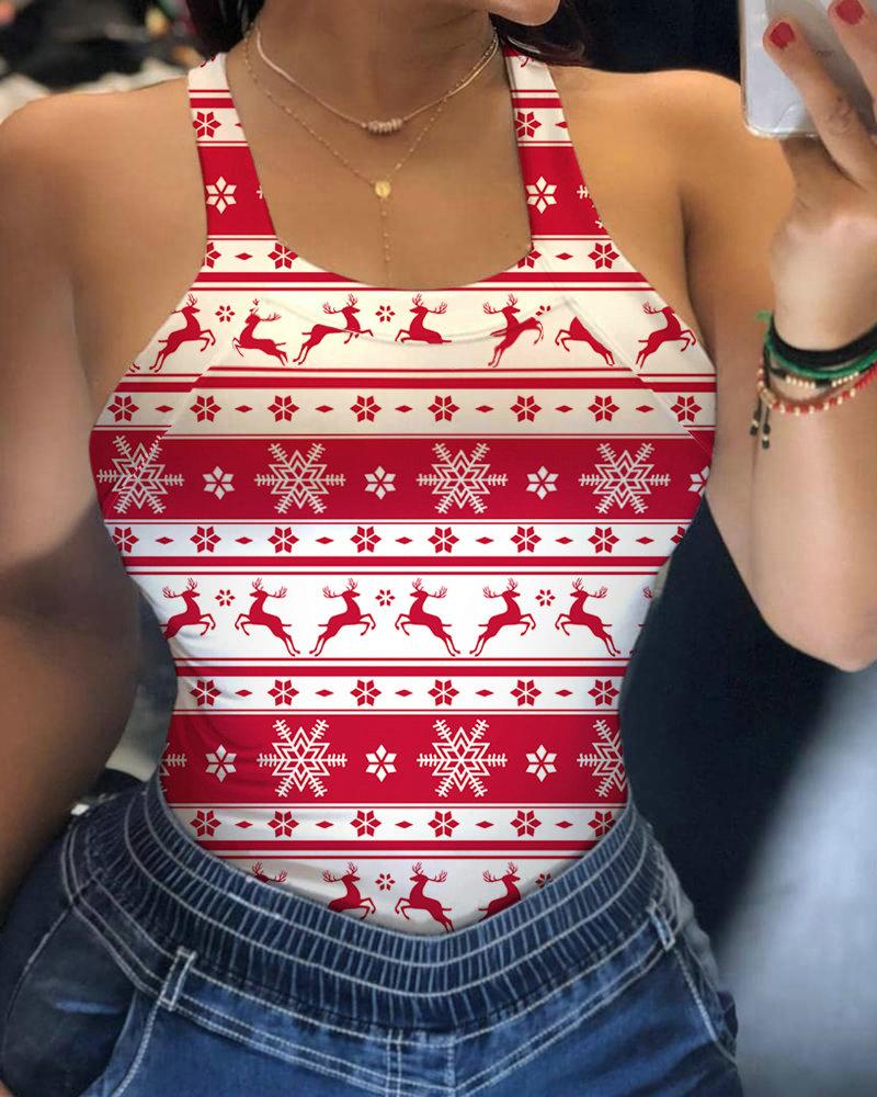 

Christmas Mixed Print Thick Strap Backless Top, Red