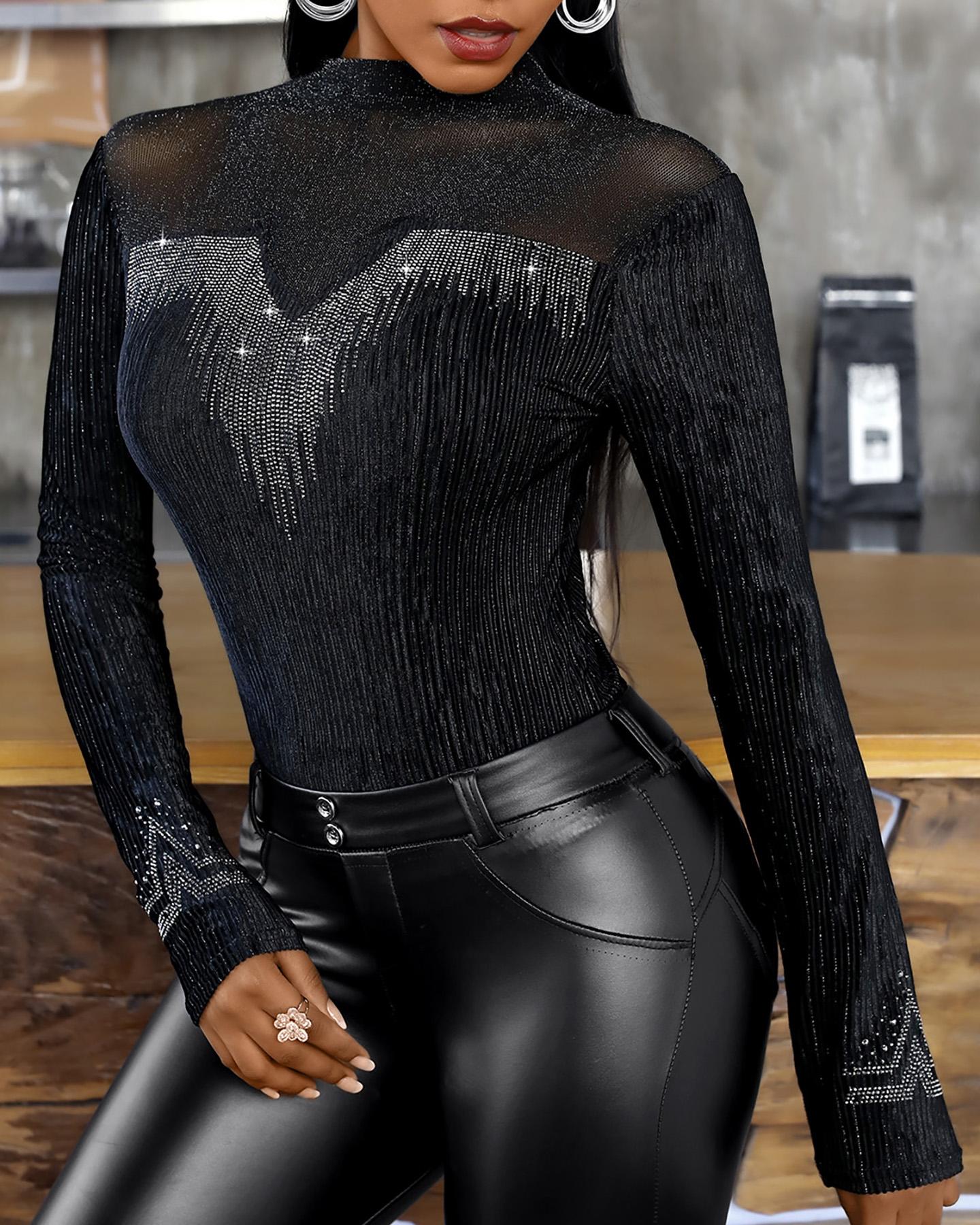 

Studded Sheer Mesh Long Sleeve Women Top, Black