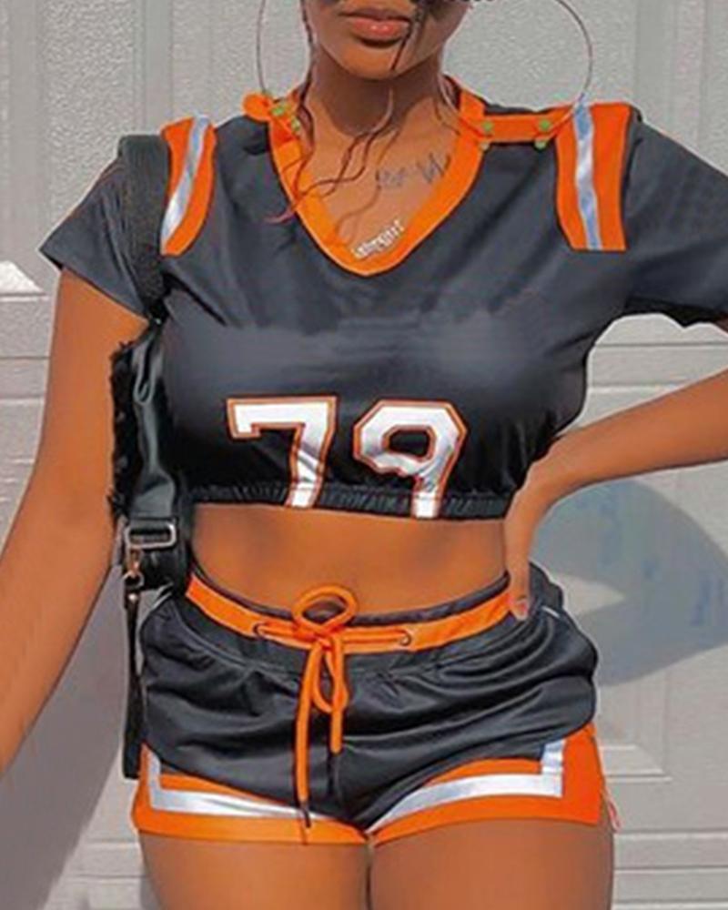 

Colorblock Letter Print Short Sleeve Crop Top & Drawstring Shorts Set, Black
