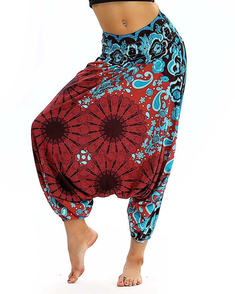 

Print Wide Leg High Waist Yoga Pants, Red