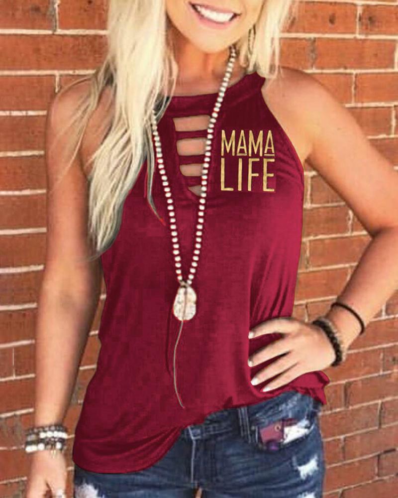 

Letter Print Cut Out Sleeveless Casual T-shirt, Wine red